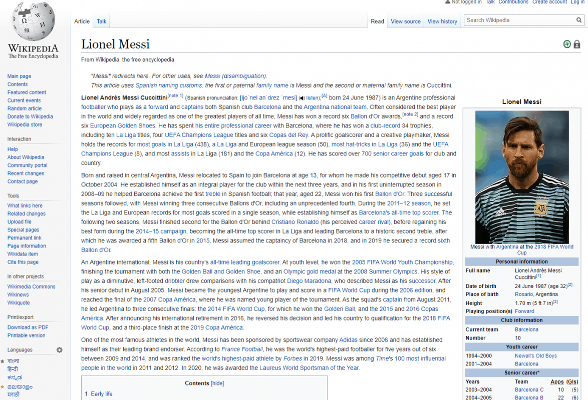 Wikipedia page of Lionel Messi